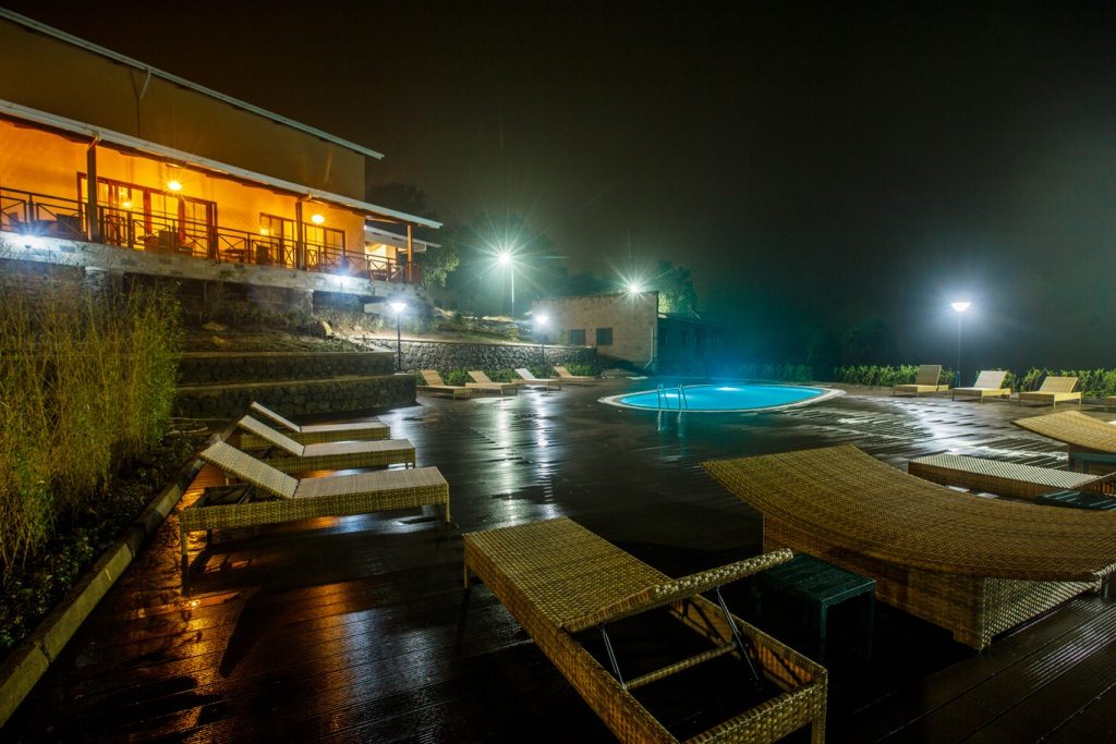 A view of the swimming pool area at Gorilla Heights Lodge in Bwindi Impenetrable National Park